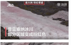 阿尔卑斯山出现粉色冰川 据悉这一现象是由于雪融化时藻